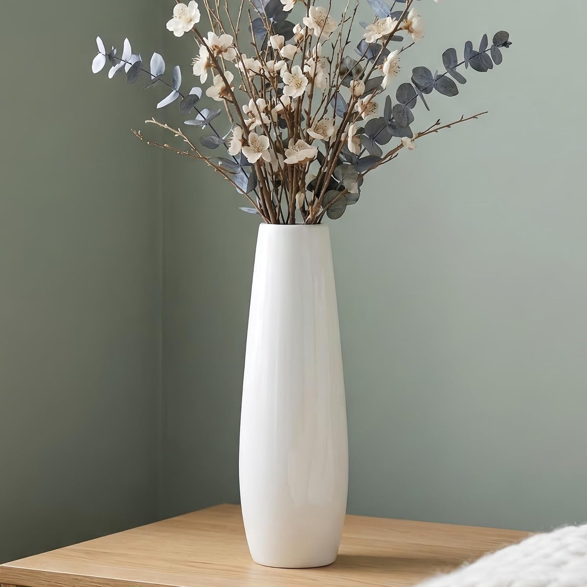 SnelShoppen - Moderne Witte Keramische Vaasje 30cm Hoog, Gestructureerd Design voor Bloemen, Pampasgras, Tafel- en Vloerdecoratie, Farmhouse Stijl