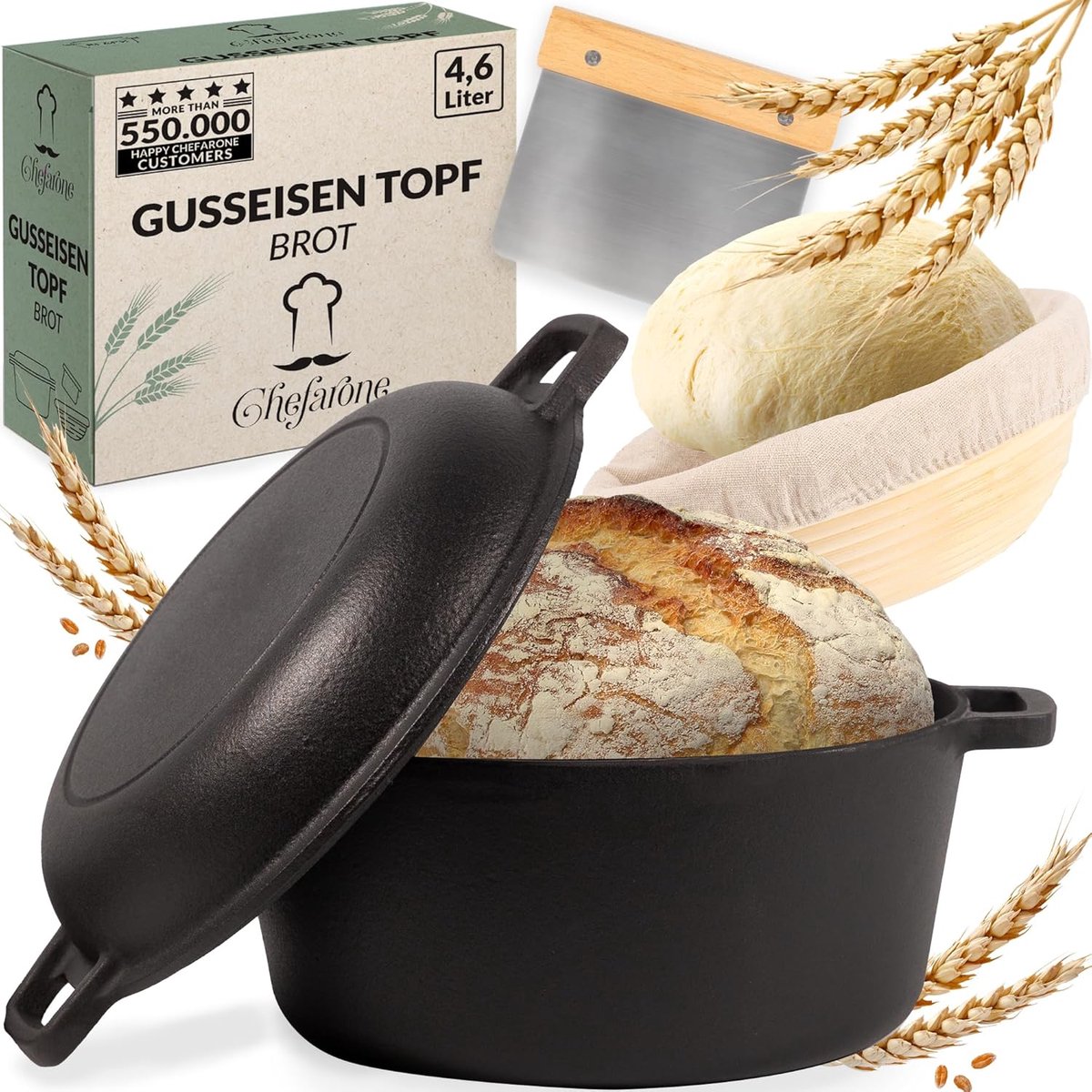 SnelShoppen - Gietijzeren Casserole 26 cm met Rijstmandje – 2-in-1 Brood Bakpan met Deksel, Geschikt voor Inductie, 4.6 L, Ideaal voor Koken en Bakken