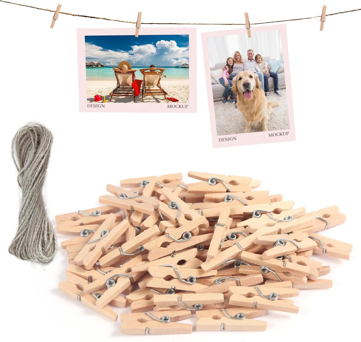 SnelShoppen - 120 Houten Kledingknijpers 3.5 x 0.8 cm met 50 m Koord, Mini Clips voor Foto's, Kaarten en Feestdecoraties, Houten Mini Klemmen voor Thu