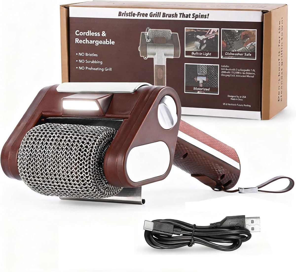 Ulisem - Barbecueborstel - 4000mAh draadloze elektrische barbecue reiniger - 350 RPM roestvrij stalen rol - Met LED verlichting voor donkere plekken - Borstelloos ontwerp - Afneembare kop vaatwasserbestendig - 3-4 uur batterij - Bruin