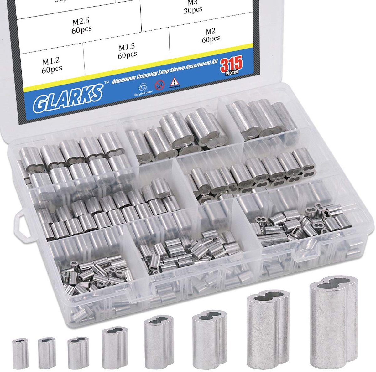 SnelShoppen - 315-delige Aluminium Shrink Loop Sleeve Assortiment Kit - 8 Maten M1.2-M6 - Duurzaam en Stevig voor Kabels en Draadverbindingen