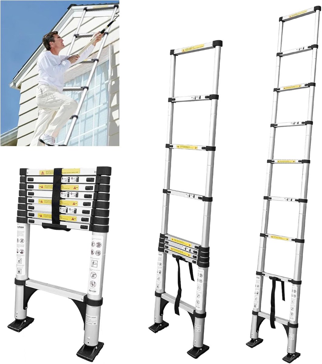 SnelShoppen - Telescopische Vouwladder 2.6m Aluminium Opvouwbaar Antislip 150kg Belasting Multi-Functionele Ladder Voor Klussen, Tuin, Camping