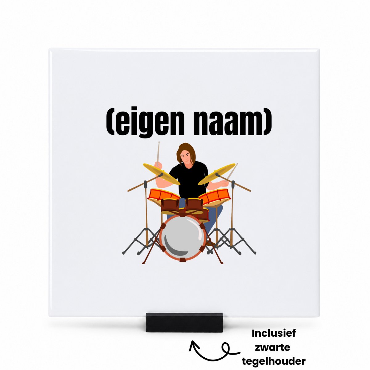 Hacebo drummer met drumstel met eigen naam tegeltje met tegelhouder - Drummen - muziek liefhebbers - tegeltjes met tekst - drummers - drumstel - verjaardag - cadeau - kado - spreuktegels - 15x15 CM Wit