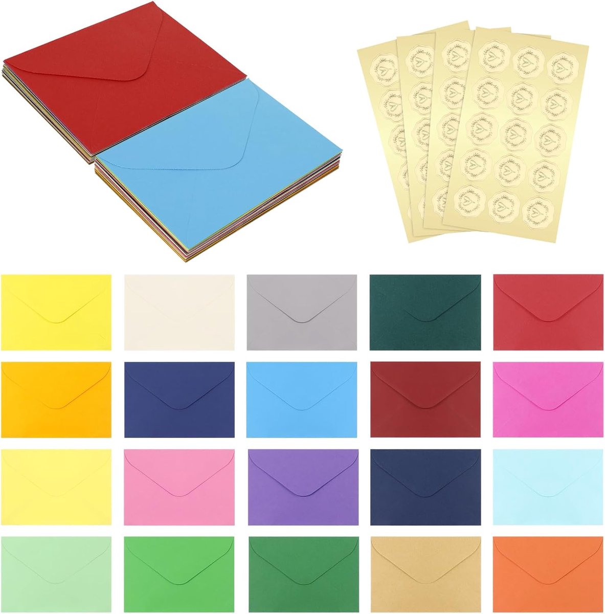 SnelShoppen - Pack van 60 Kleurrijke Enveloppen 16x11 cm - 20 Kleuren + 60 Gouden Stickers - Perfect voor Verjaardag, Bruiloft en Feest Gift Cards