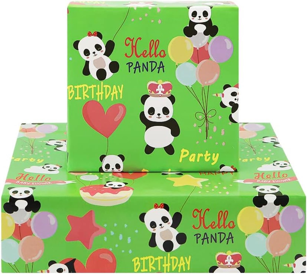 SnelShoppen - Happy Birthday Panda-cadeaupapier voor kinderen, jongens en meisjes, groen cadeaupapier met panda's, 6 vellen 50 x 70 cm, perfect voor f