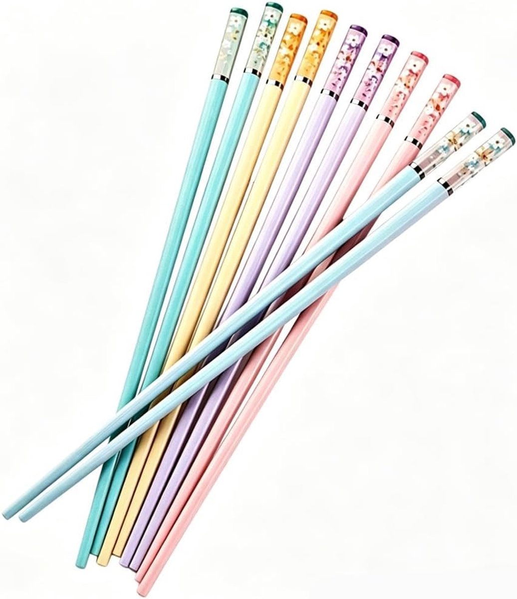 SnelShoppen - 5 Paar Herbruikbare Eetstokjes van Legering met Sakura Patroon - Vaatwasmachinebestendig, Antislip Design, 24 cm - Ideaal voor Sushi, Az