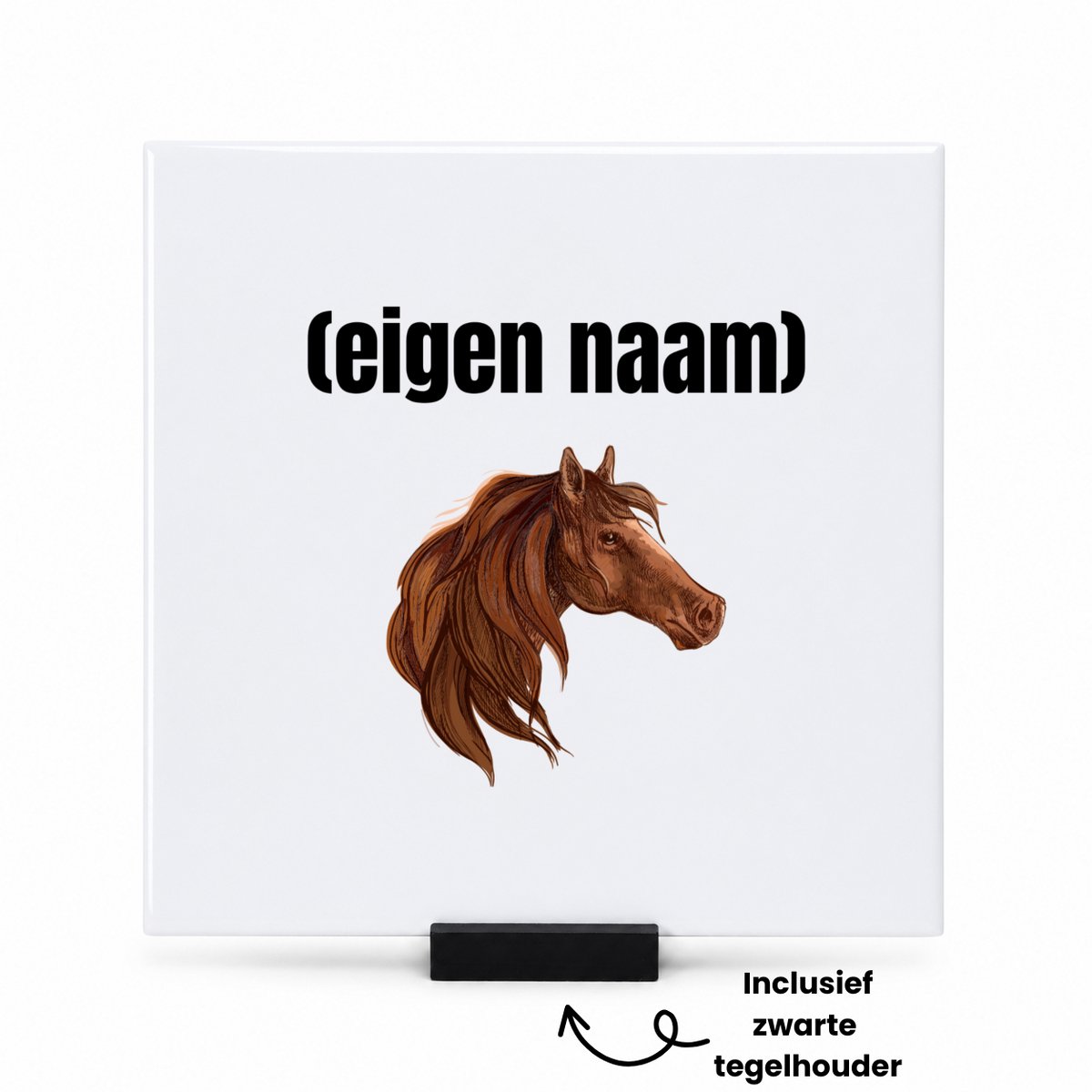 Hacebo paardenkop met eigen naam tegeltje met tegelhouder - Paarden - paarden liefhebbers - tegeltjes met tekst - iemand die houdt van paarden - verjaardag - cadeau - kado - spreuktegels - 15x15 CM Wit