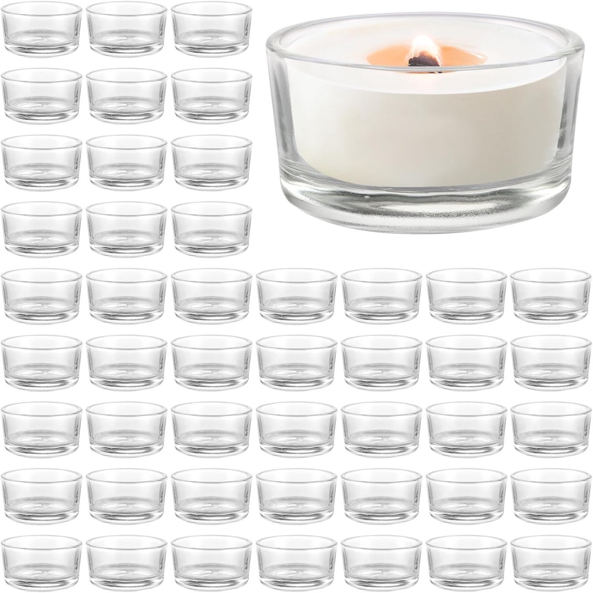 SnelShoppen - 48 Stuks Theelichthouder Glas Transparant - Theelichtjes Houder 4.8 x 4.2 x 2.5cm - Glazen Kaarsenhouder voor Tafel, Bruiloft, Feest en