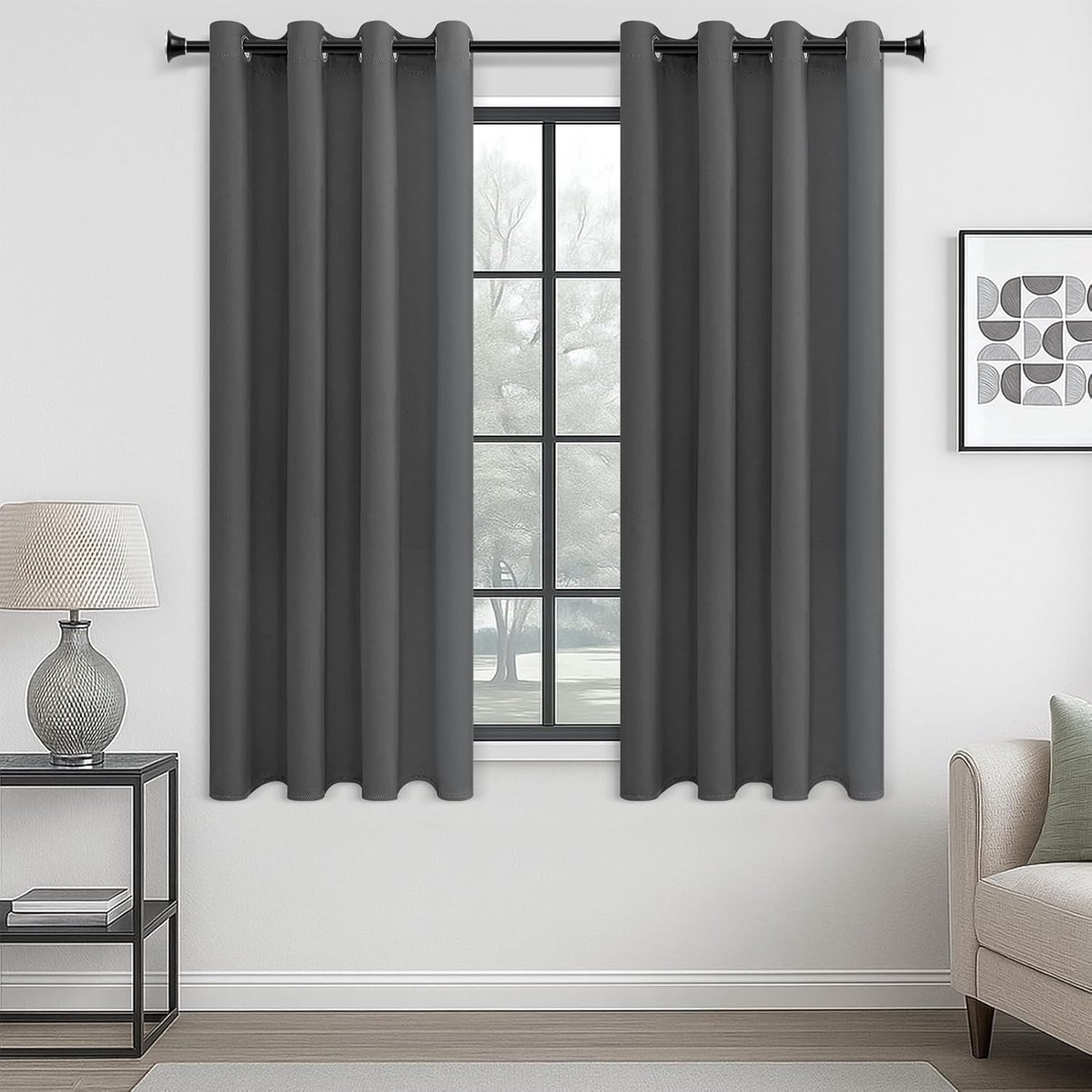 SnelShoppen - Blackout Gordijnen Set van 2 - Opaque Korte Gordijnen voor Woonkamer, Slaapkamer, Kinderen - 160 x 140 cm, Donkergrijs, Ideaal voor Hote