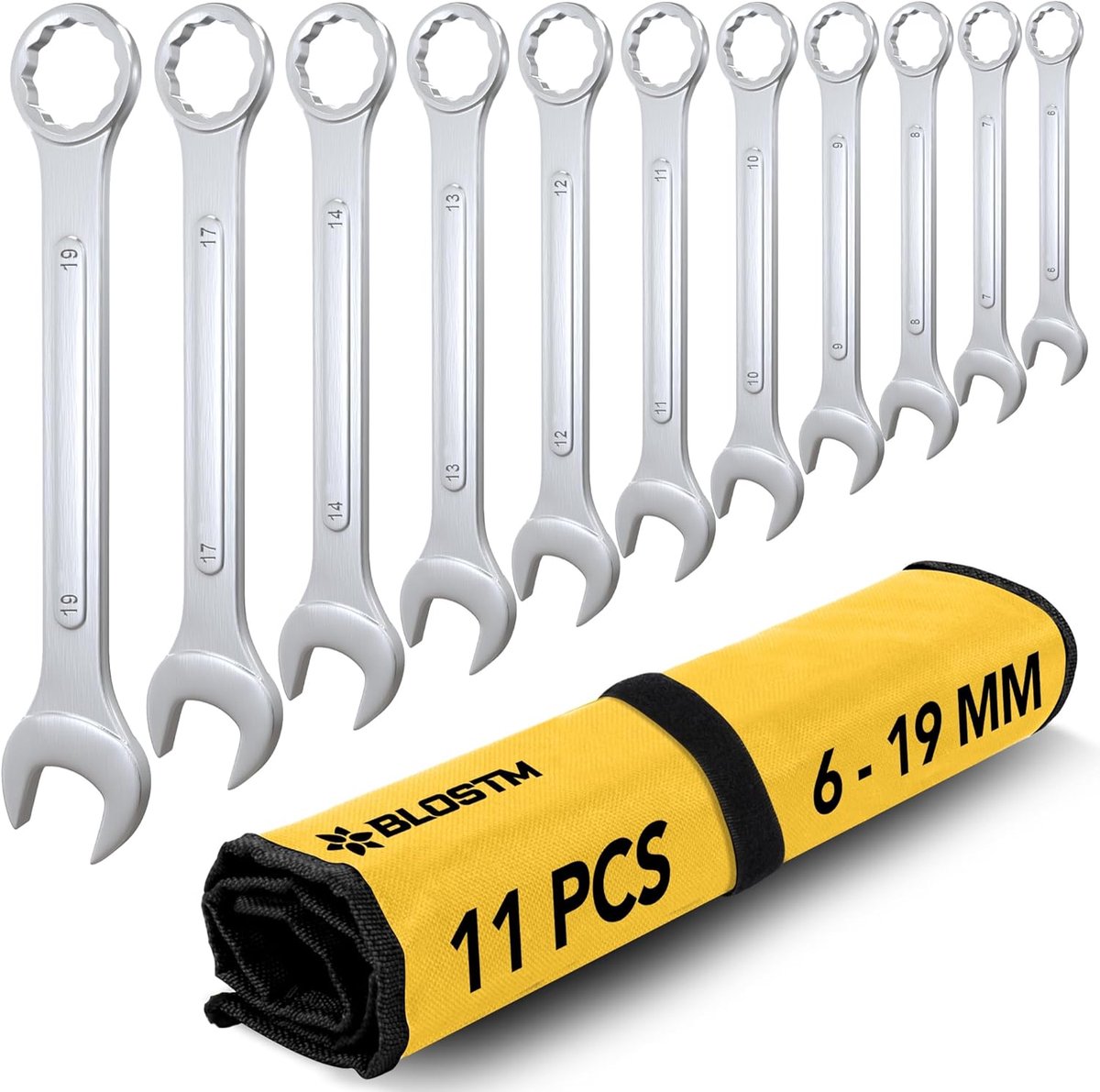 SnelShoppen - 11-delige Ring Steeksleutel Set - Metrisch Wrench Set 6mm-19mm - Dubbelzijdige Chrome Geplated Sleutelset - Inclusief Roll-Up Opbergtas