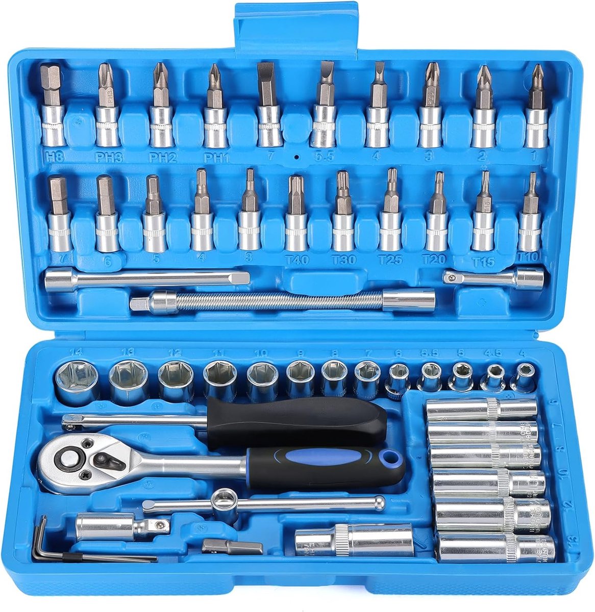 SnelShoppen - 53-delige Steeksleutelset, Ratelsleutelset 1/4" Inch, Dopsleutelset, Bitset, Hoogwaardige Chrome Vanadium Staal, Blauw, Voor Doe-Het-Zel