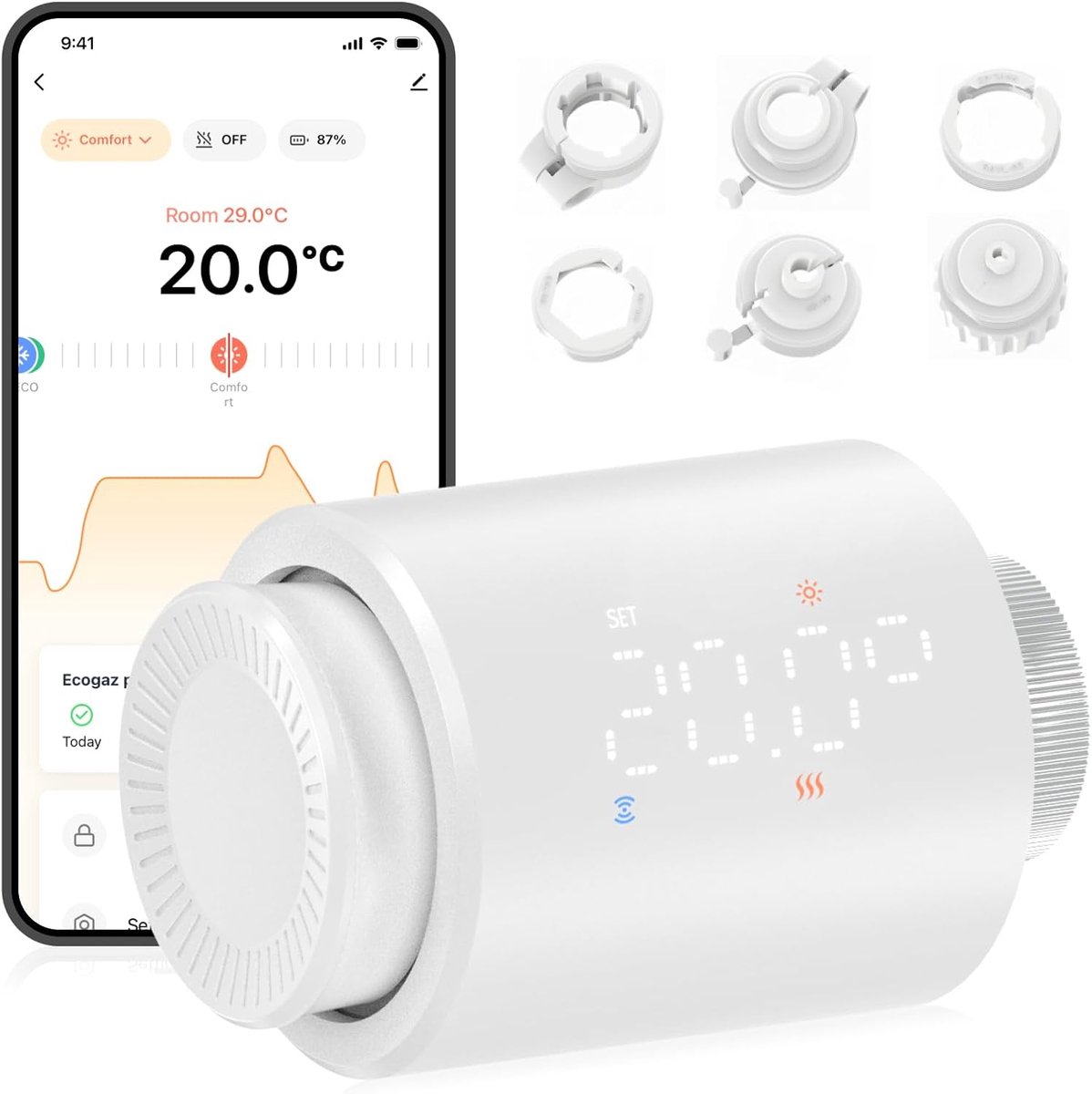 SnelShoppen - Slimme Radiatorthermostaat, Digitale Verwarmingsthermostaat met Bluetooth, Programmeerbaar via App, Energiezuinig en Eenvoudige DIY Mont