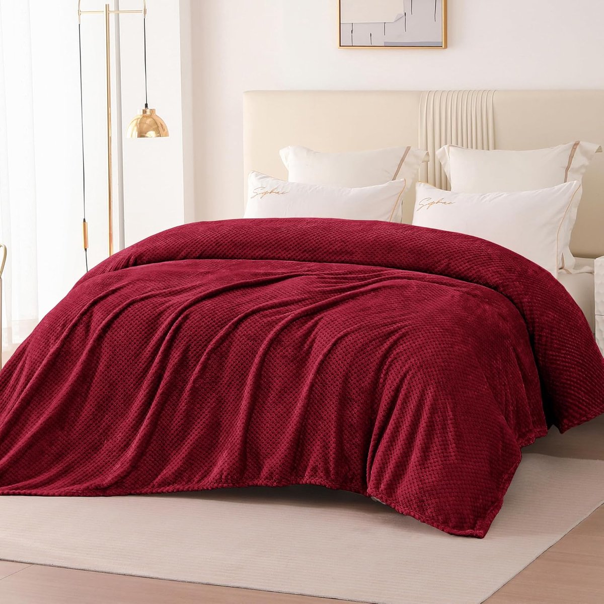 Thijox - Knuffeldeken Zachte en Warme Fleecedeken 220x240cm Wafelpatroon Bordeauxrood voor Bank en Bed, Behaaglijke Woondeken en Bankdeken