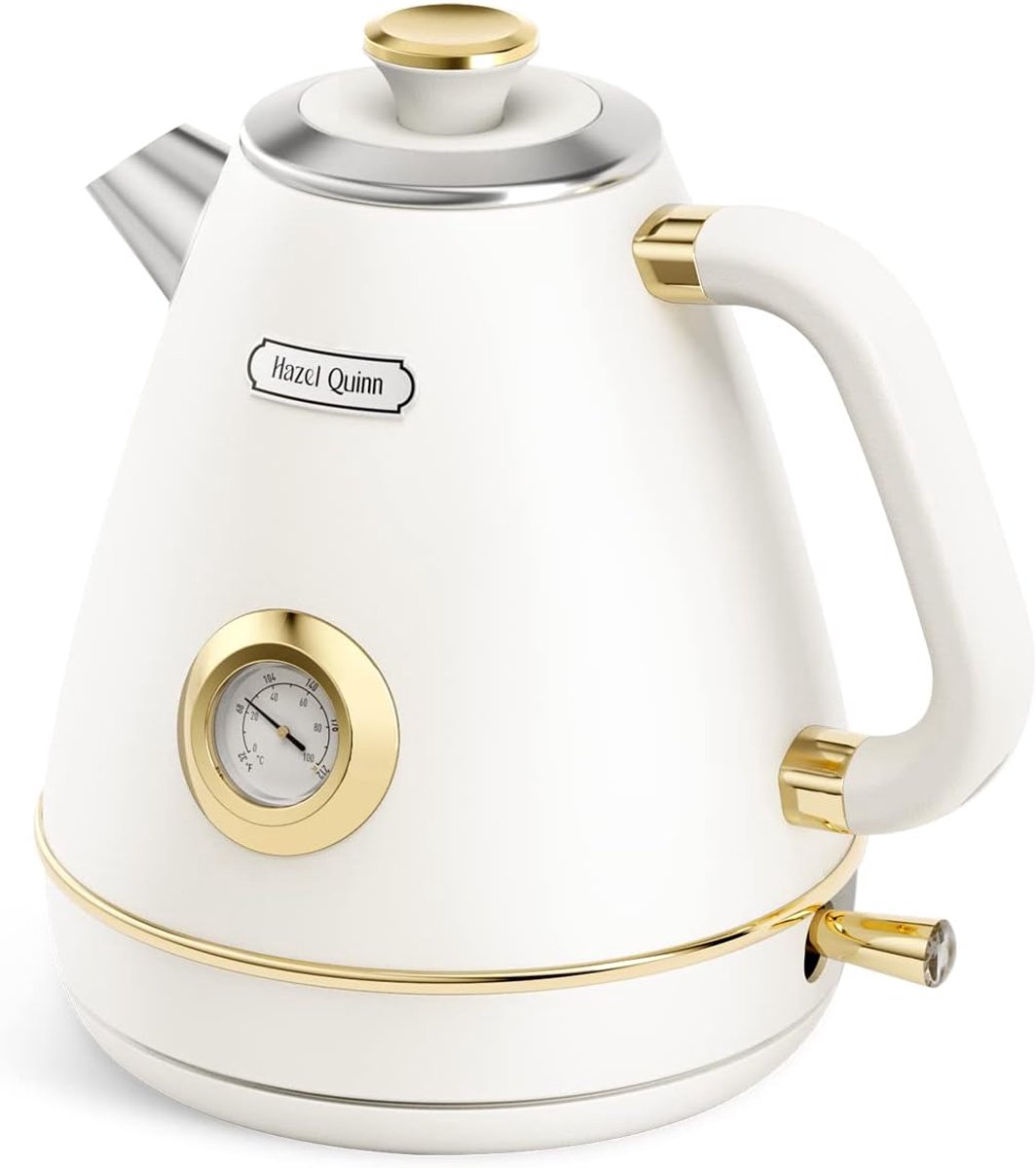 SnelShoppen - Vintage Elektrische Waterkoker met Thermometer, RVS, BPA-vrij, Draadloos, Automatische Uitschakeling, 1.7 Liter, 2200 Watt - Pareltint W