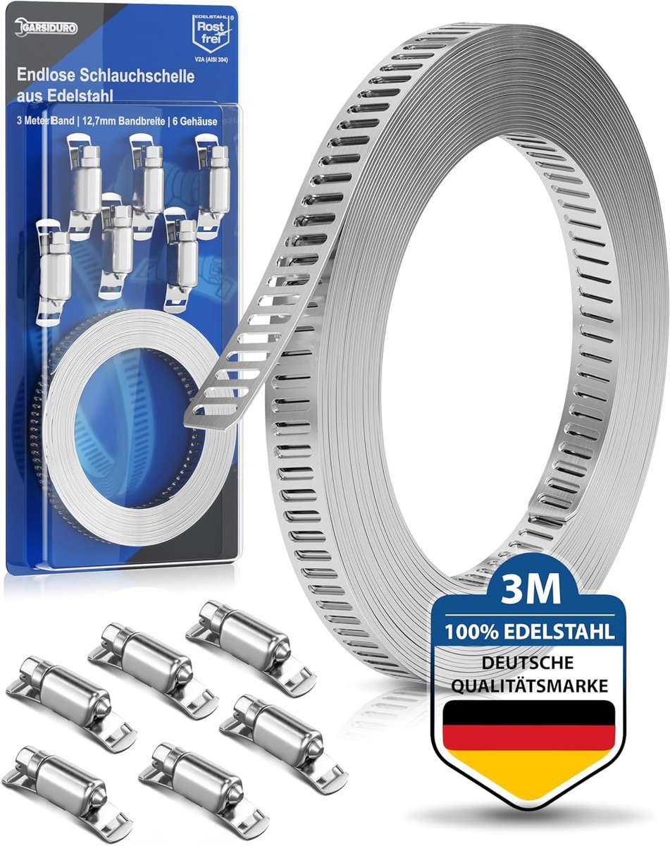 SnelShoppen - Endless Slangklem, RVS, 3 Meter, Professionele Slangklemmen, 6 Clip Bands, Verstelbare DIY Klem, Geschikt als Buisklem, Voor Tuin, Keuke