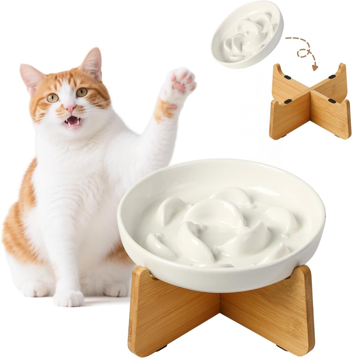 SnelShoppen - Raised Slow Feeder Keramische Katten Voederbak met Antislip Bamboe Stand - Mustache-Vriendelijk - Verhoogde Maze Plate voor Langzaam Ete