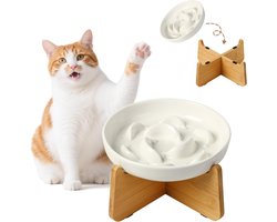 SnelShoppen - Raised Slow Feeder Keramische Katten Voederbak met Antislip Bamboe Stand - Mustache-Vriendelijk - Verhoogde Maze Plate voor Langzaam Ete
