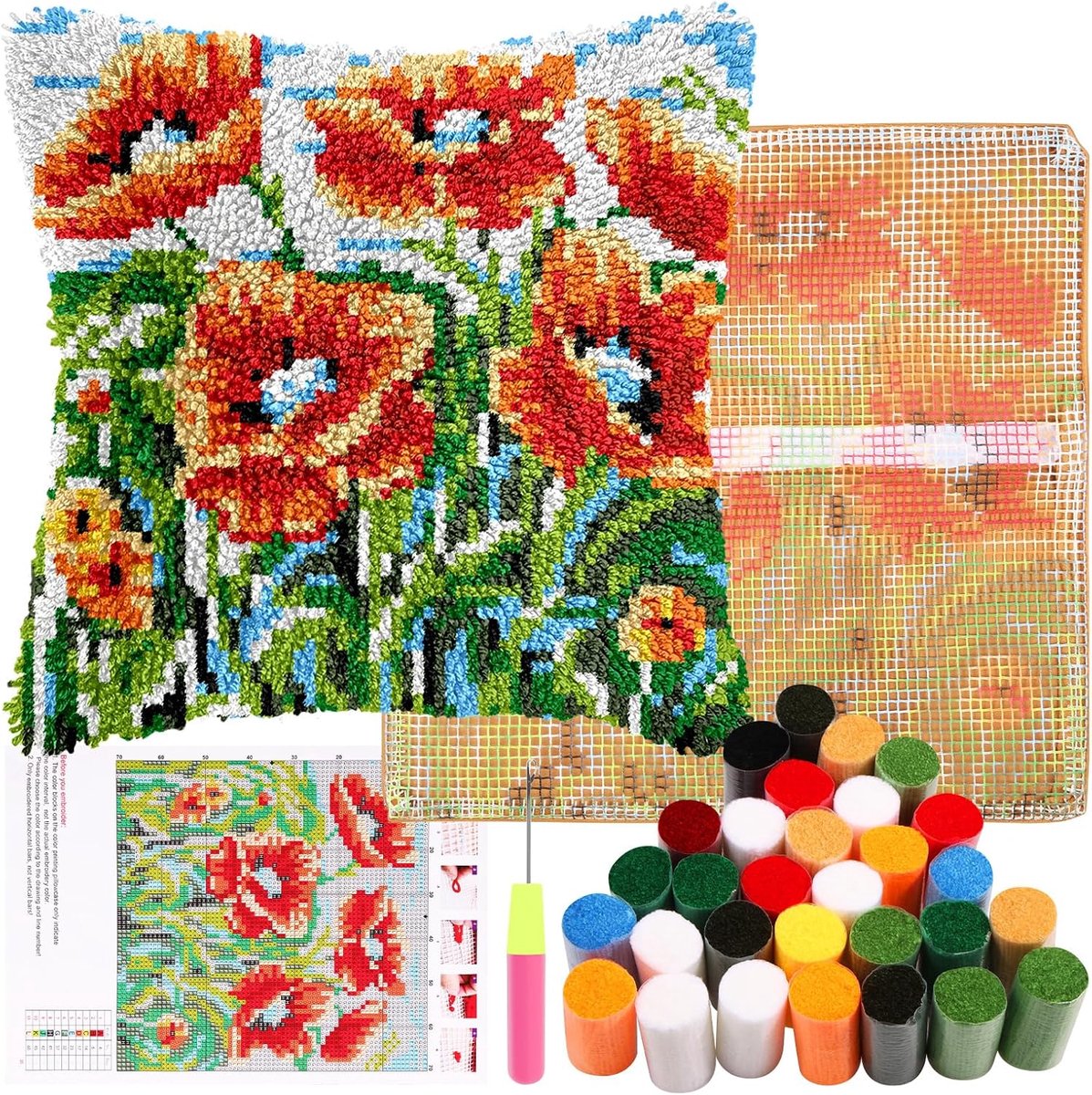 SnelShoppen - Rivet Hook Kussen Set Latch Hook Kussen voor Kinderen en Beginners Volwassenen DIY Kussen Protector Tapijt Borduurset 43x43cm (Bloemen)