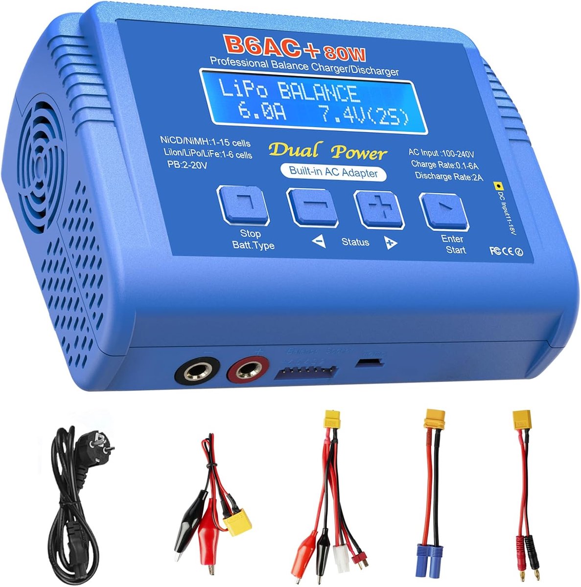 SnelShoppen - Lipo Charger 80W 6A RC Acculader voor LiPo/Li-Ion/LiFe/LiHV (1-6S), NiMH/NiCd (1-15S), PB Batterijen (2-20V), Compacte AC/DC Balance Cha