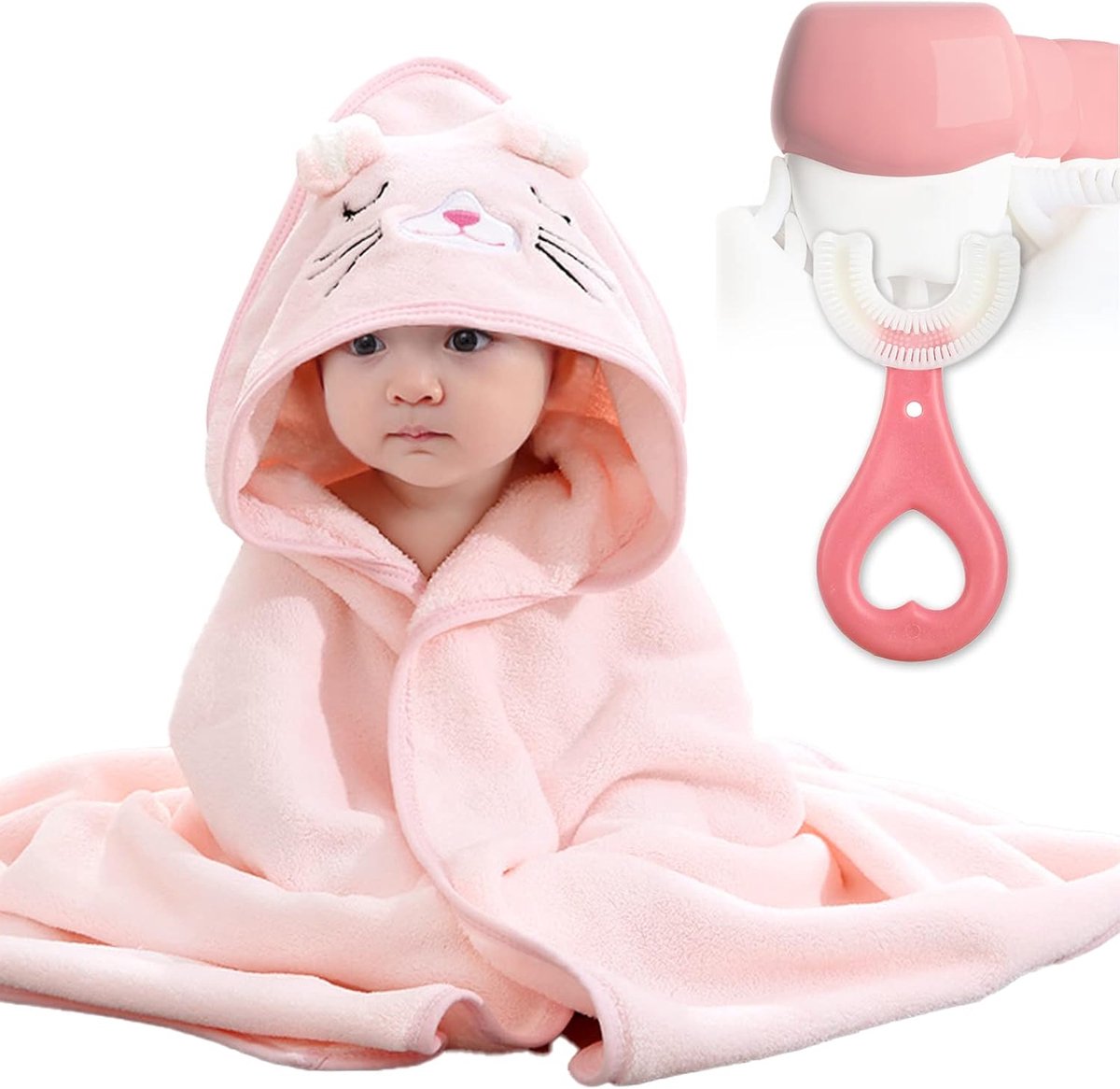 SnelShoppen - 2 Stuks Baby Handdoeken met Kap, Schattige Oren, Super Absorberend en Wasbaar, Perfecte Cadeau voor Kinderen, Roze voor Bad en Zwemmen