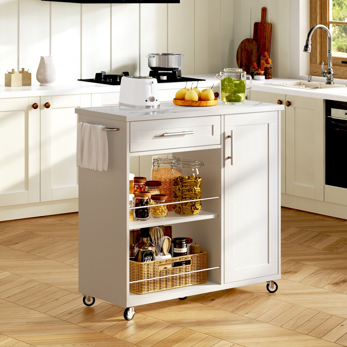 MEUNIQ verrijdbare keukenkast 90 x 62 x 90 cm met marmerlook bovenblad, soft-close lade, k