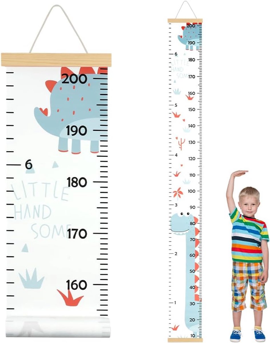 SnelShoppen - Baby Groeimeting Muurdecoratie - Verwijderbare Canvas Groeimeter met Houten Meetlat voor Kinderen - Dinosaur Thema - 195.5cm x 20.3cm