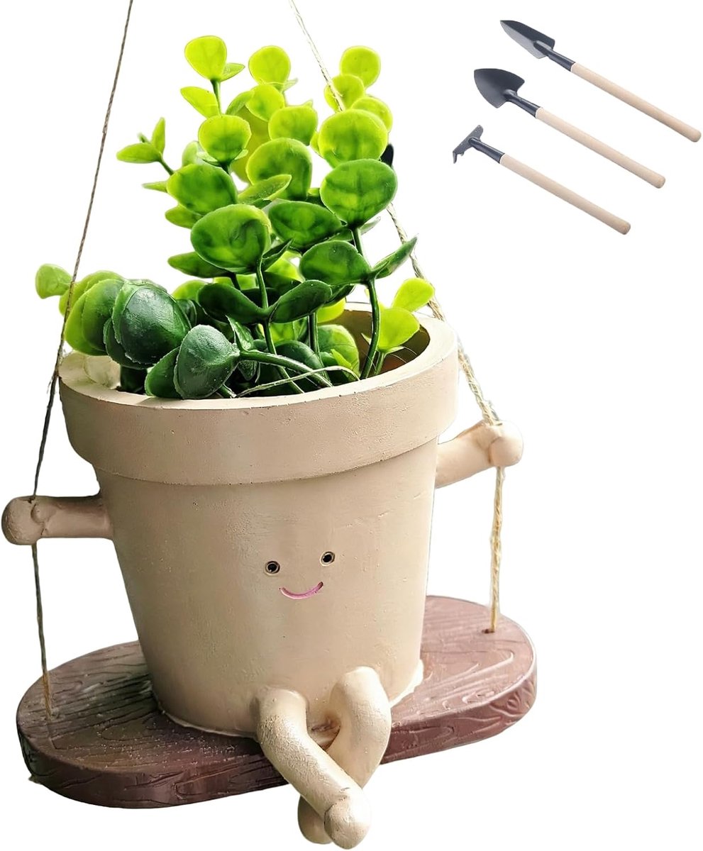 SnelShoppen - 4-delige Hangende Bloempot Set 13x9cm met Swing Face en 3 Tuingereedschappen, Ideaal voor Binnen en Buiten Balkon Decoratie