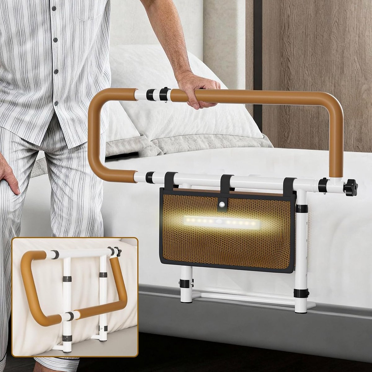 SnelShoppen - Opstahulp voor Senioren - In hoogte en breedte verstelbaar Bedhek - Inklapbaar Bedhandvat met Antislip Handgreep en LED-Sensorlicht - Vo