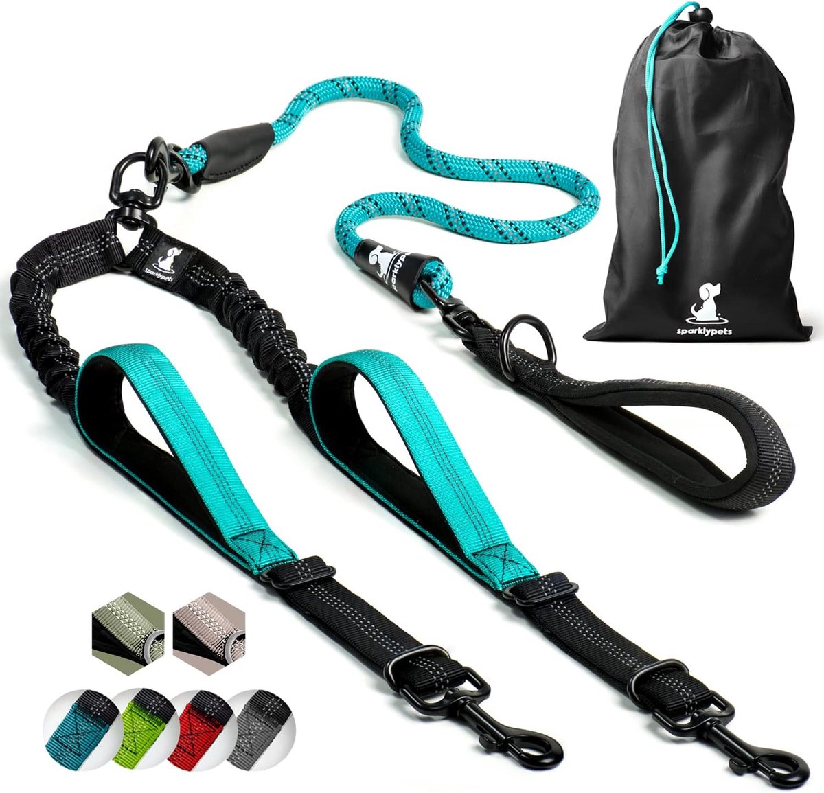 SnelShoppen - Dubbele Hondenriem voor 2 Honden - Bungee Leash met Padded Handgrepen, Geen Verstrikkingen, Reflecterende Strepen, Teal, Voor Middelgrot
