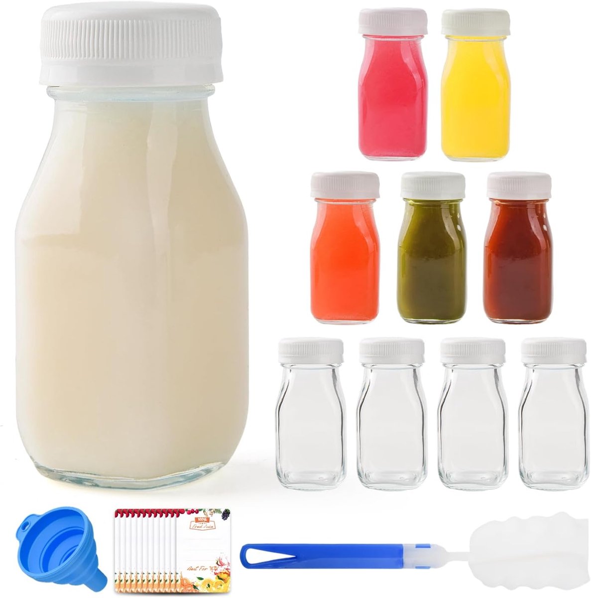 SnelShoppen - 9 Delige Set 100ml Glas Melkflesjes - Transparante Mini Glazen Flessen voor Drankjes - Lekvrije Shot Flessen voor Feest, School, Picknic