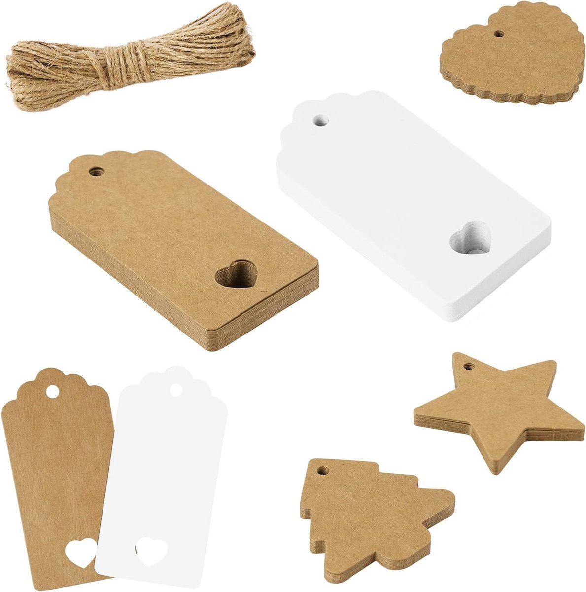 SnelShoppen - 60 Kraft Papier Gift Tags met Jute Touw voor Cadeauverpakking, DIY Labels voor Feesten, Bruiloften, Halloween, Thanksgiving, Kerstmis, e