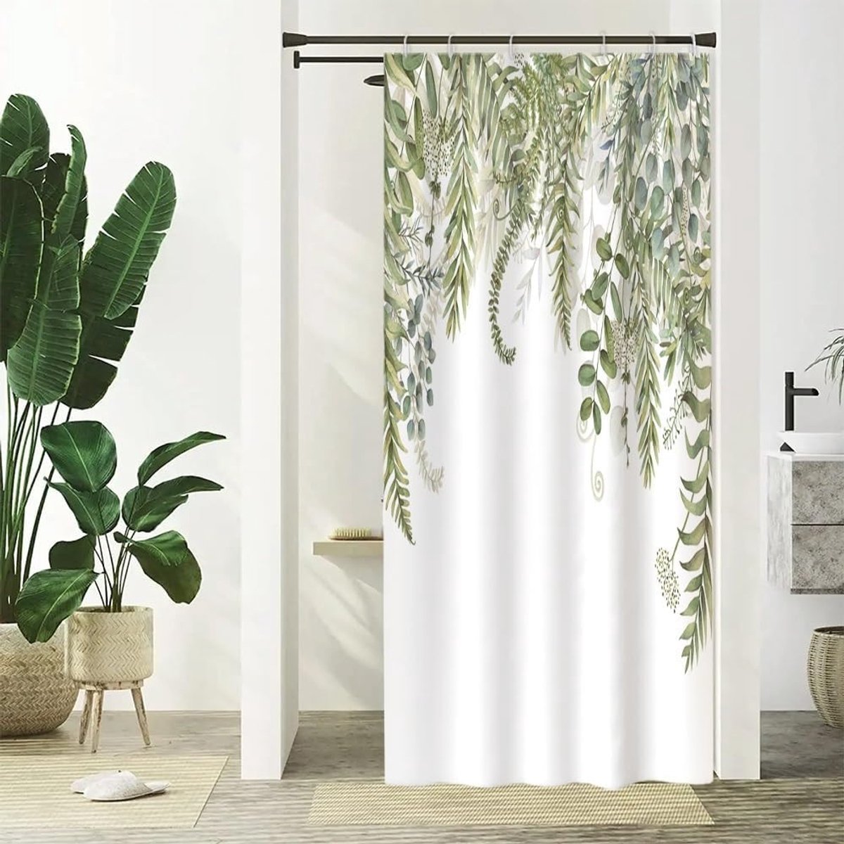 SnelShoppen - Douchegordijn Groen Eucalyptus Bladeren en Bloemen Anti-Mould Waterproof Polyester Wasbaar 90x180 cm met 6 Haakjes