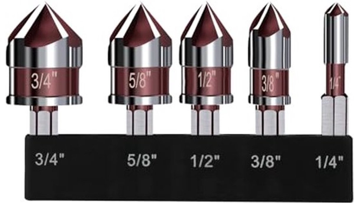 5-delige verzinkboorset, 1/4 inch 3/8 inch 1/2 inch 5/8 inch 3/4 inch zeskantboor 82° puntige verzinkboor voor bewerkbaar multiplex, glasvezel, kunststof, zacht staal