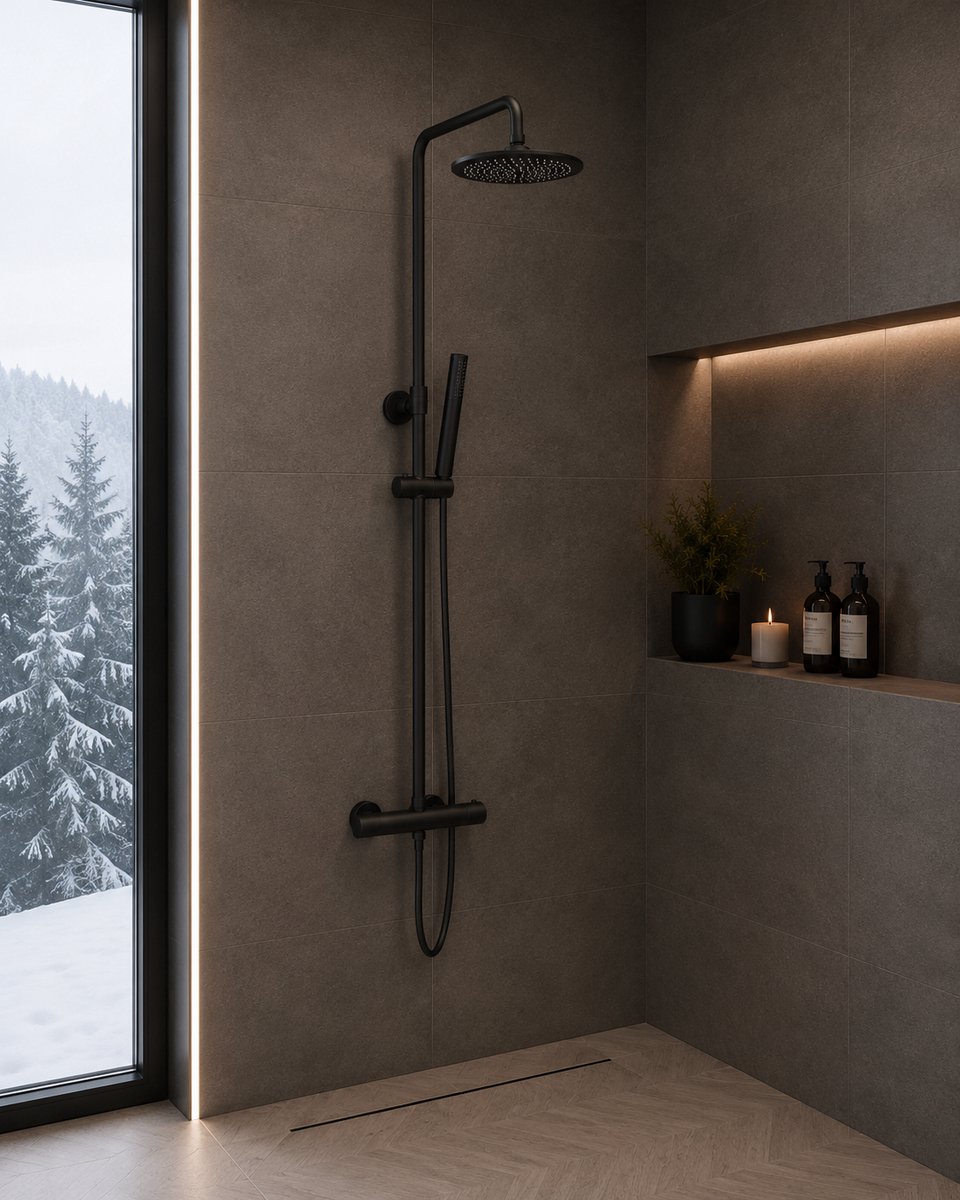 ILYA Thermostatische Regendoucheset Rond Mat Zwart – Opbouw Douchekolom met Regendouche – Cool Touch – Luxe Douche Set met Handdouche