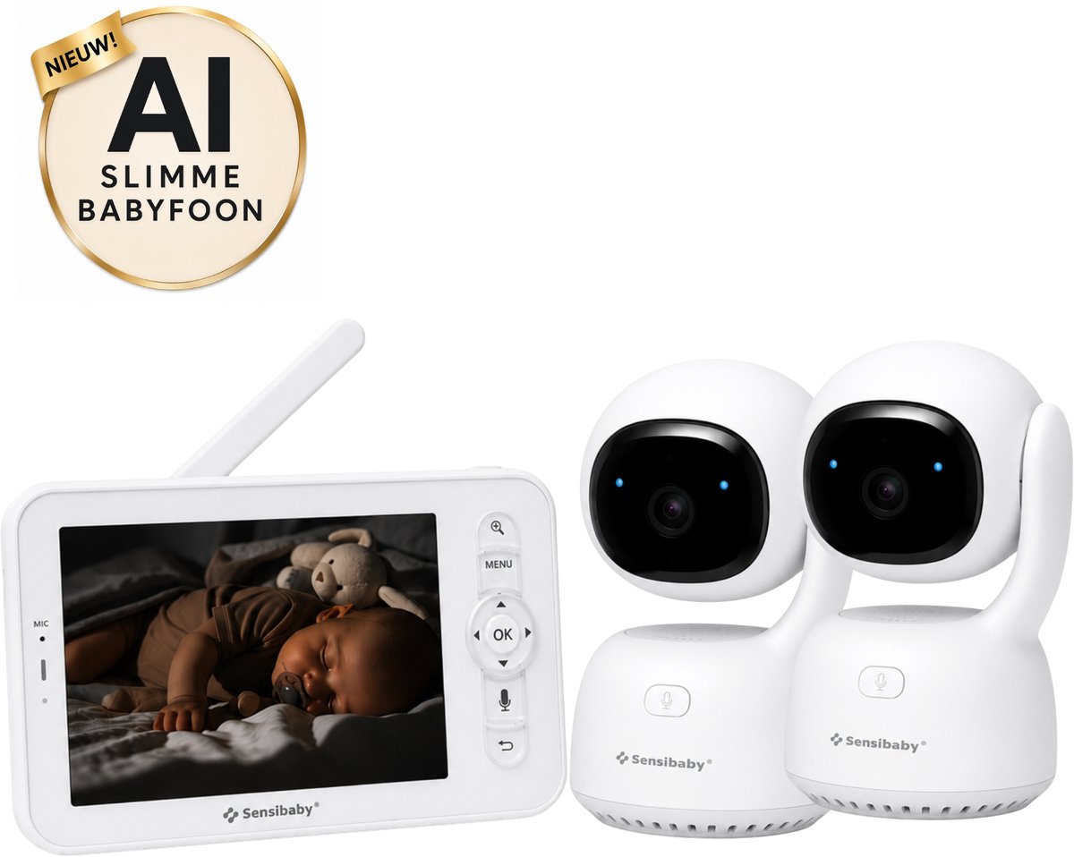 Babyfoon met 2 stuks Slimme AI Camera's en App - Beveiligde Verbinding - 5 Inch Monitor - Haarscherpe QHD Beeldkwaliteit ook in het Donker - Sensibaby