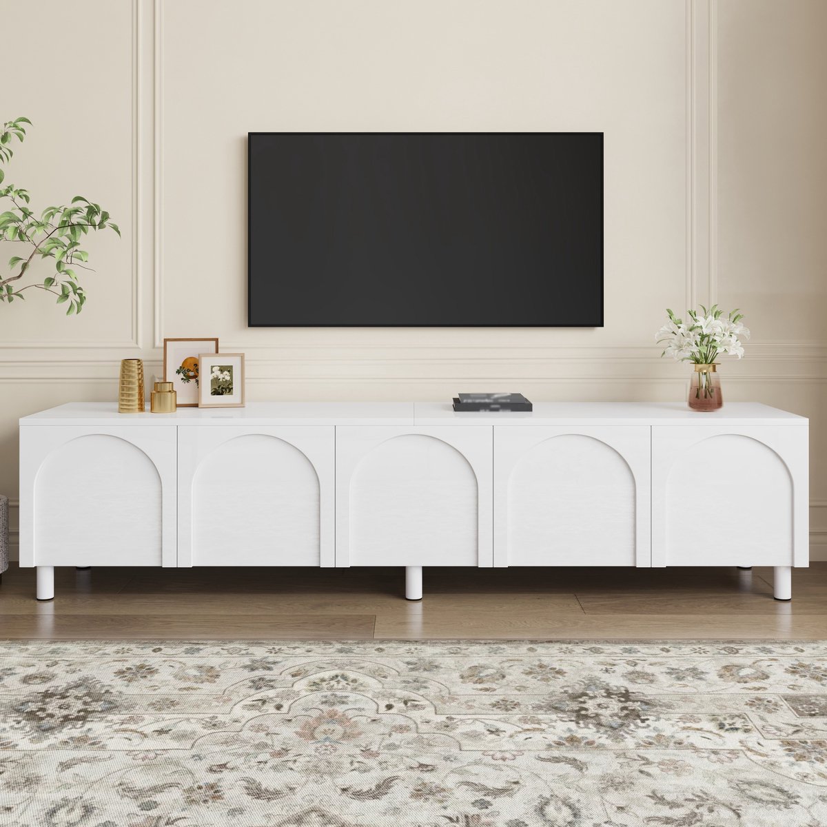 Wishdor - TV meubel - 5 deuren - kabeldoorvoer en opbergruimte - modern lowboard - woonkamer - houtlook en metaal - wit - 180 x 38 x 45 cm
