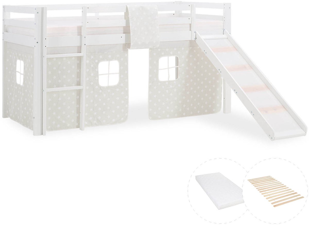 Homestyle4u Hoogslaper - 90x200 cm - met matras - glijbaan - gordijn met sterren - wit