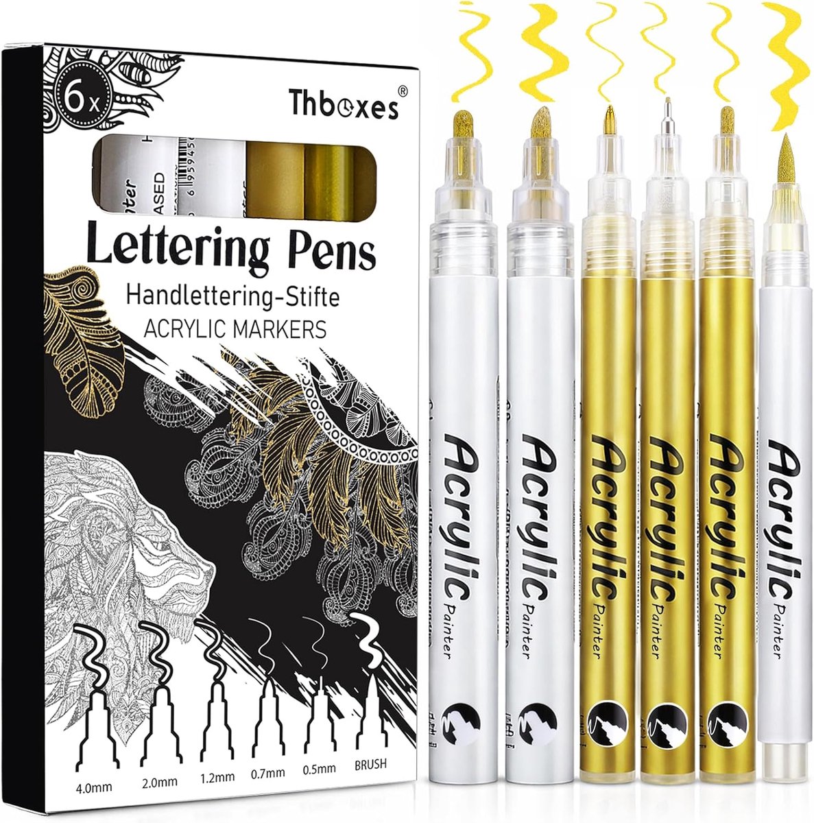 SnelShoppen - 6 stuks Gouden Acrylmarkers - Metallic Acrylstiften - Waterdicht & Sneldrogend - Fineliner & Penseelpen voor Kalligrafie - Decoratieve P