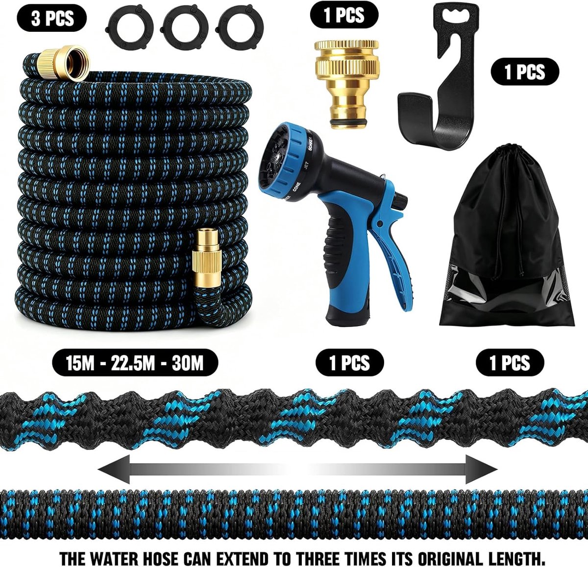 SnelShoppen - Uittrekbare Tuinslang 15m/22,5m/30m - Irrigatieslang met 10 Functies en Metalen Aansluitingen - Perfect voor Tuin, Camping en Buitengebr