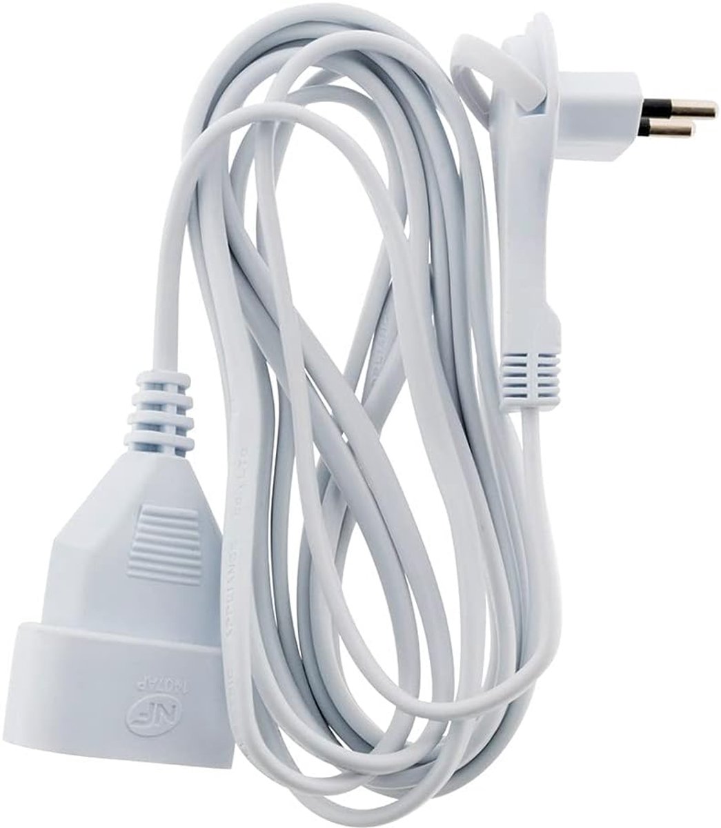 SnelShoppen - Verlengsnoer 3m met Slanke Stekker - Kindveilig 2x 0.75mm² H03VVH2-F Witte Kabel voor Huishoudelijke Apparaten, Keuken, Tuin en Camping