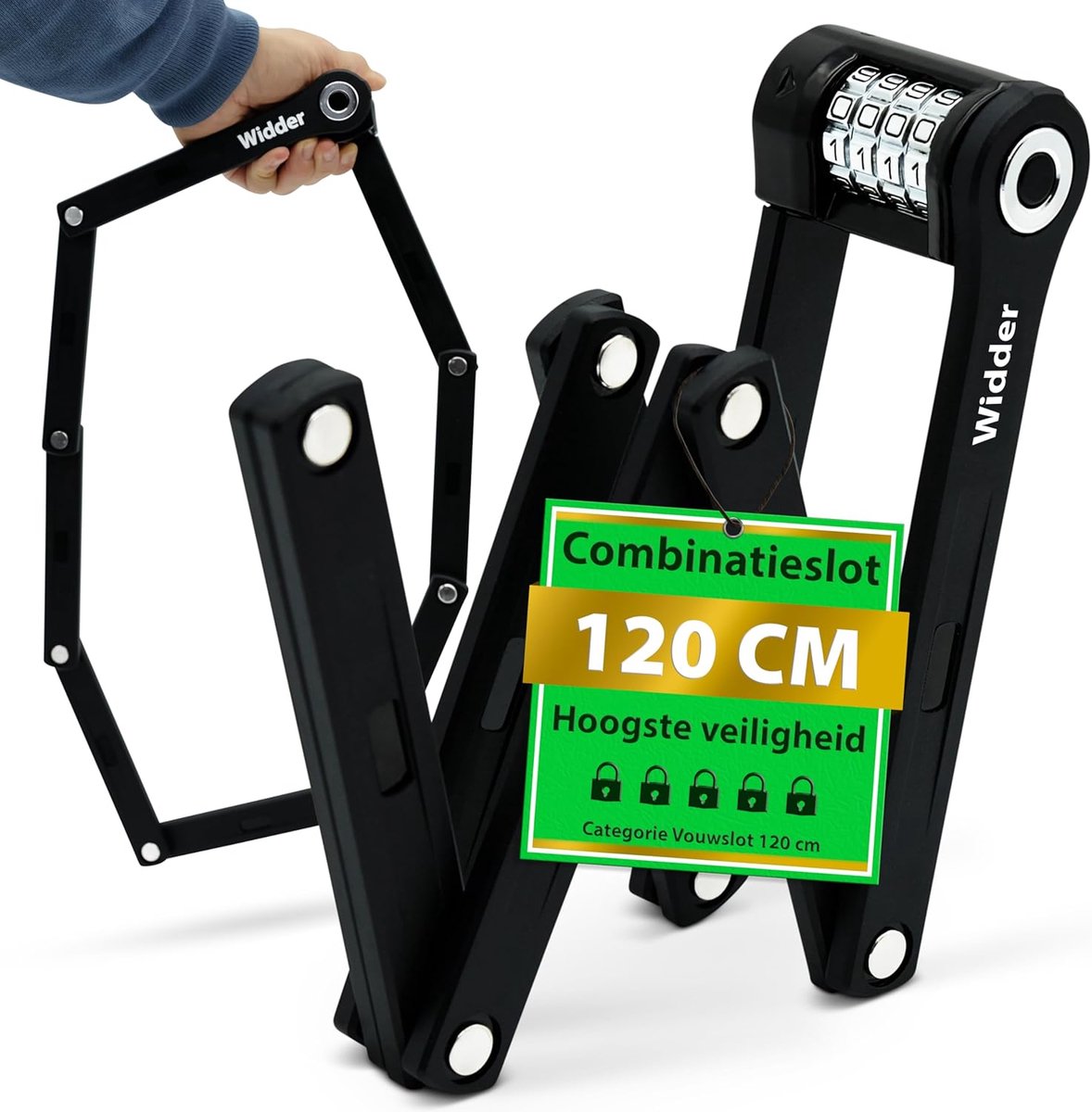 SnelShoppen - WIDDER 120cm Extreem Veilig Vouwslot Fietsslot Combinatieslot Titanium-Staal Niveau 15 met Houder voor Elektrische Fiets & E-Scooter
