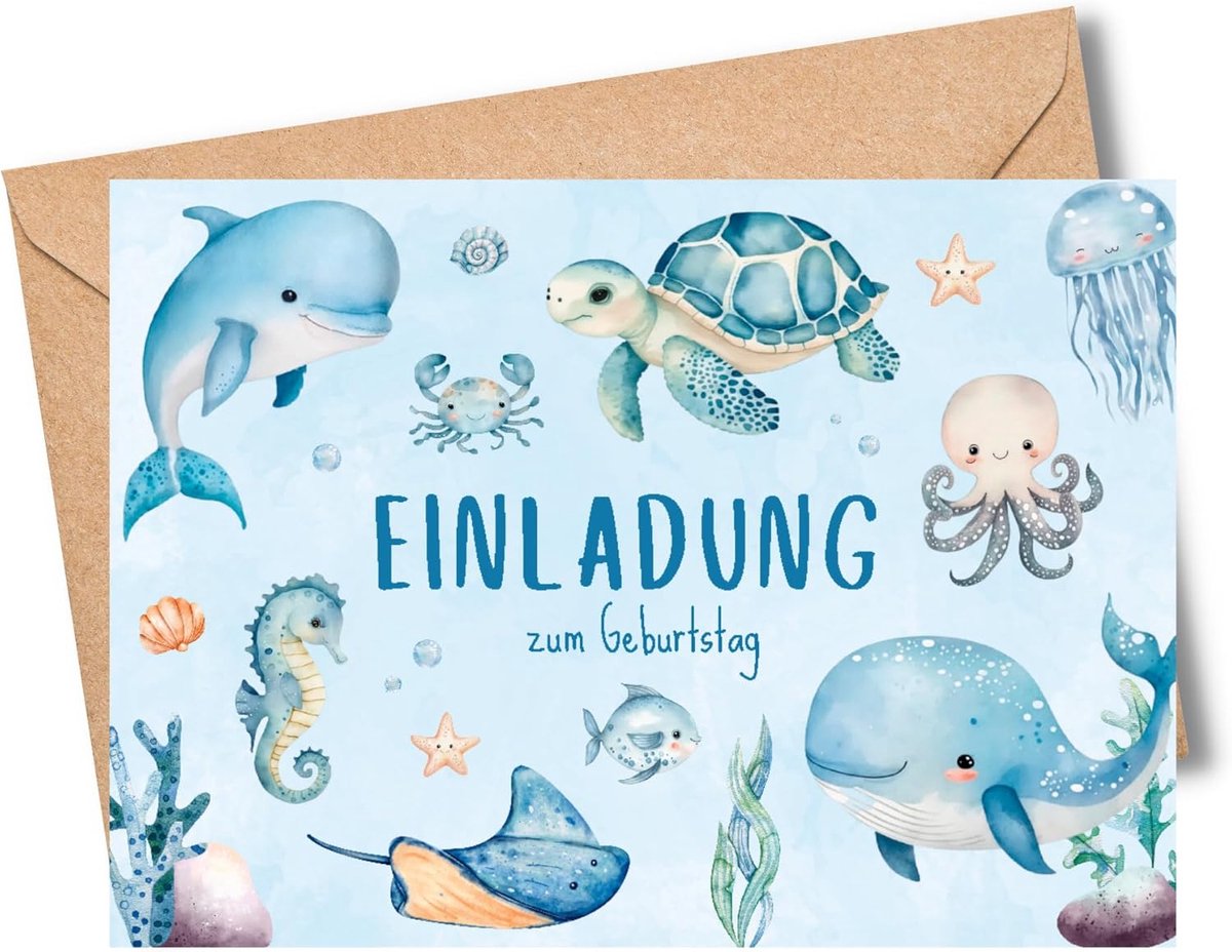 SnelShoppen - Kinderverjaardag uitnodigingskaarten onderwaterwereld - Feest, kinderen, kleurrijk, eenvoudig invullen, 10 stuks, diverse motieven
