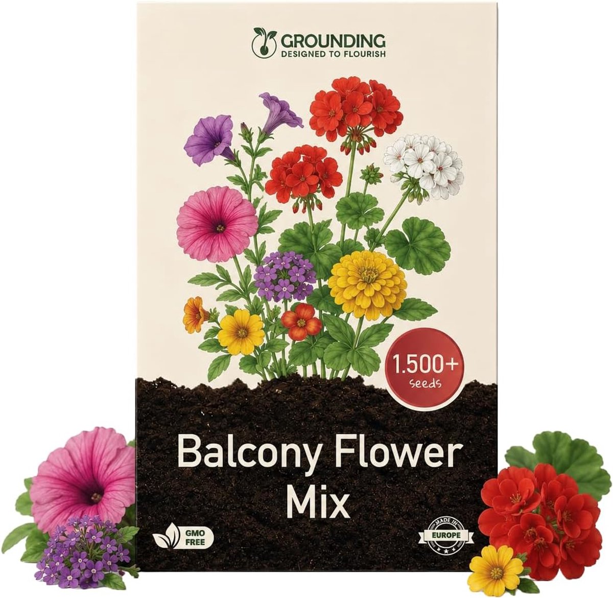 SnelShoppen - Grounding Bloemenmix voor Balkons - 1500+ Meerkleurige Zaden van Lage en Hangende Eenjarigen voor Potten en Bloembakken - Continu Bloei