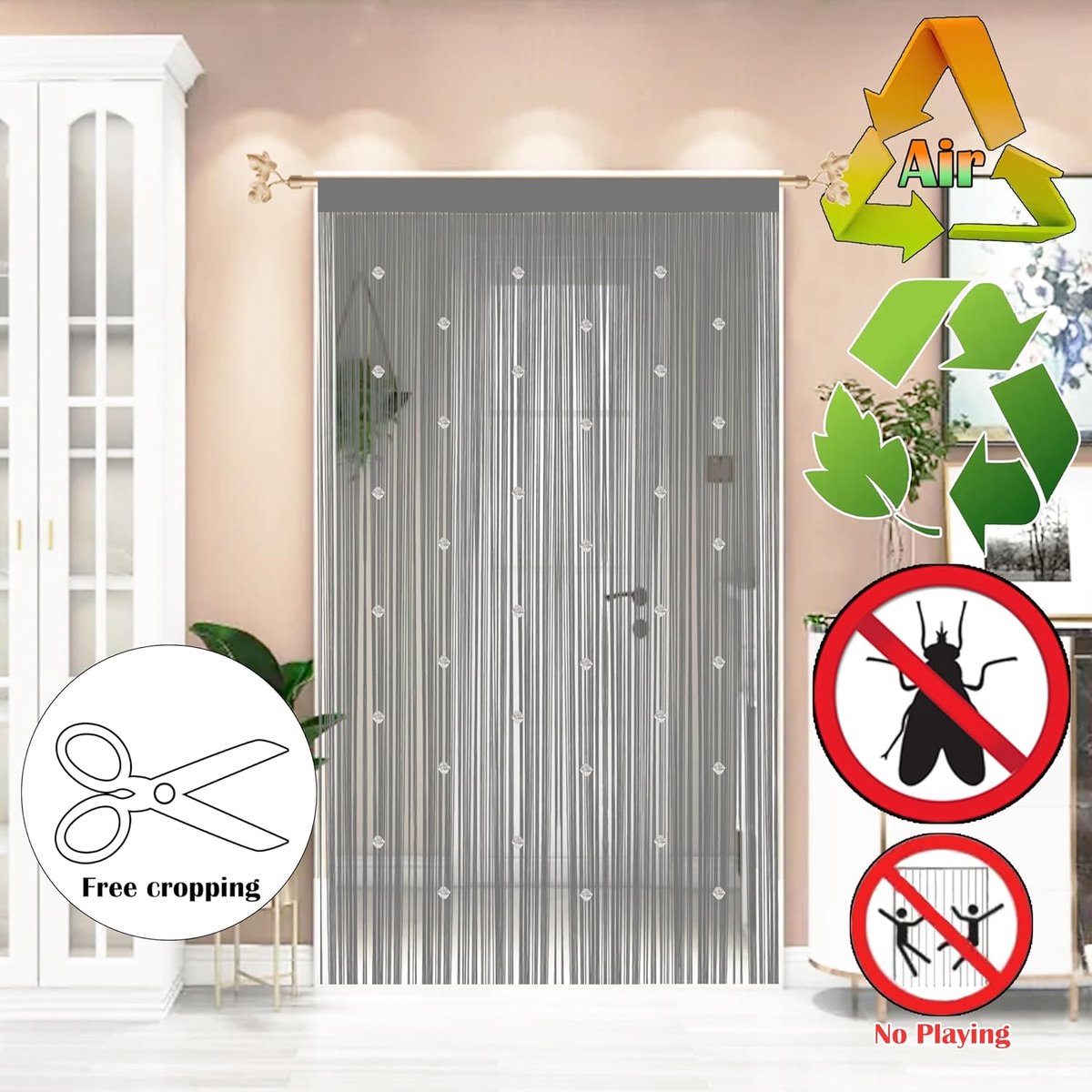 SnelShoppen - Kralen Vliegengordijn Insecten Gordijn voor Deuren - Grijs 90x200cm - Draadgordijn voor Deuropeningen en Raamdecoraties - Ideaal als Kam