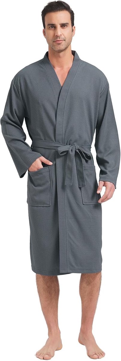 SnelShoppen - Lichtgewicht Heren Wafel Gebreide Kimono Badjas - Zachte Spa Gewaad Knielengte - Ideaal voor Zomer, Thuis, Wellness en Ontspanning