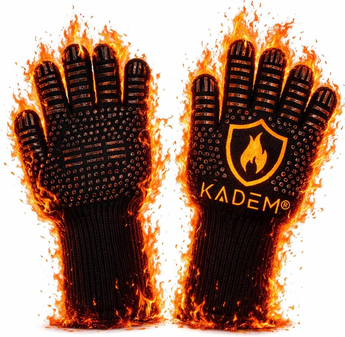 SnelShoppen - Uniseks barbecuehandschoenen voor dames en heren, hittebestendig tot 800 °C, antislip kookhandschoenen, goudvlam, ovenwanten L/XL, ideaa