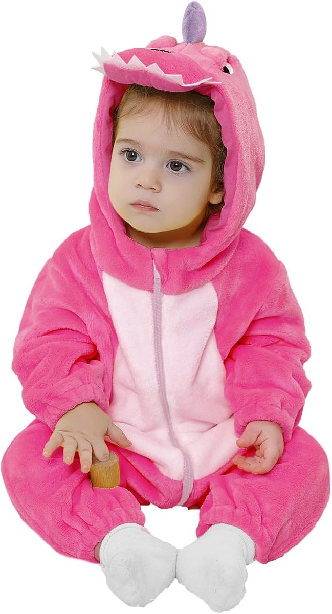 SnelShoppen - Uniseks Dinosauruskostuum voor Baby's en Kleine Kinderen - Flanellen Dierenkostuum met Capuchon - Zacht en Knuffelbaar - Perfect voor Fe