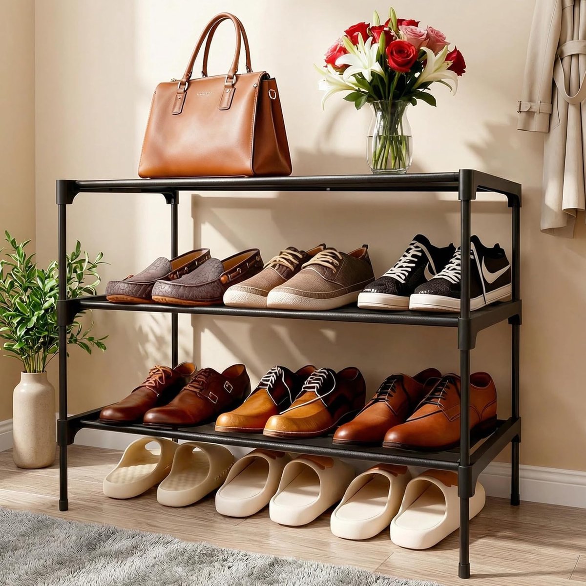 SnelShoppen - Schoenenrek Stapelbaar Metaal 3 Niveaus voor 9 Paar Schoenen - Zwart 63x30x36 cm - Ideaal voor Woonkamer, Hal en Slaapkamer