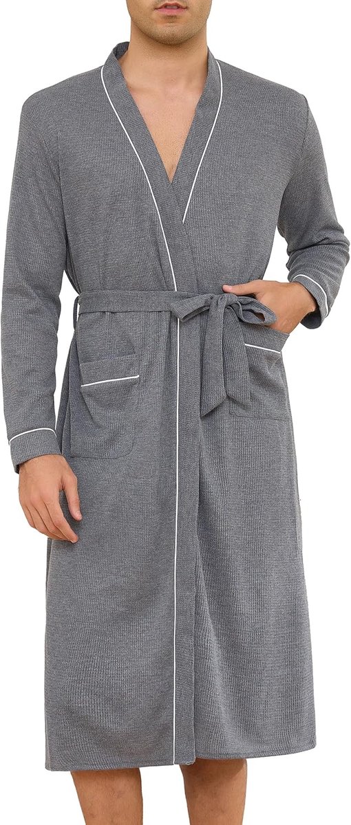 SnelShoppen - Luxe Badjas voor Heren, Wafelpiqué, Lange Mouwen, Saunamantel, Ochtendjas met Riem en Zakken, Comfortabele Loungewear voor Thuis en Well