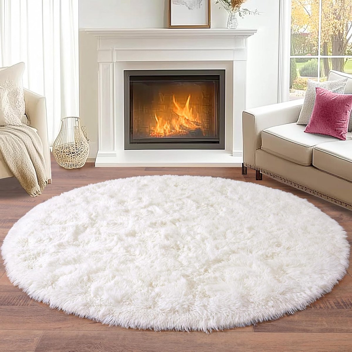 SnelShoppen - Hoogpolig Rond Vloerkleed 120 cm Crème - Modern Woonkamertapijt - Antislip voor Woonkamer, Slaapkamer & Kinderkamer - Wollig Bedkleed